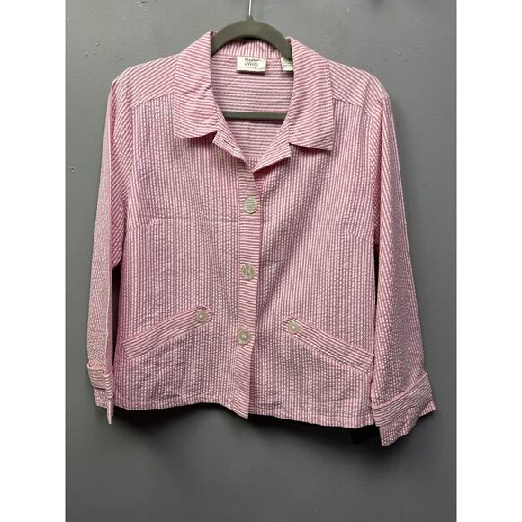 Baxter & Wells women's petite Medium Pink White cropped button front jacket/top - Picture 1 of 6